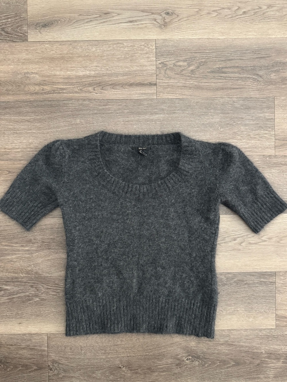 MANGO MNG Grey Fuzzy Angora Wool Blend Short Sleeve Puff Shoulder Sweater small